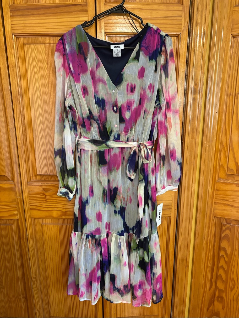 DKNY Pink & Green Watercolor-Print Long Sleeve Wrap Dress